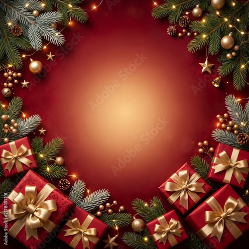 Red Christmas Gift Background with Golden Bows and Pine Branches