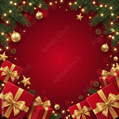 Red Christmas Gift Background with Golden Bows and Pine Branches