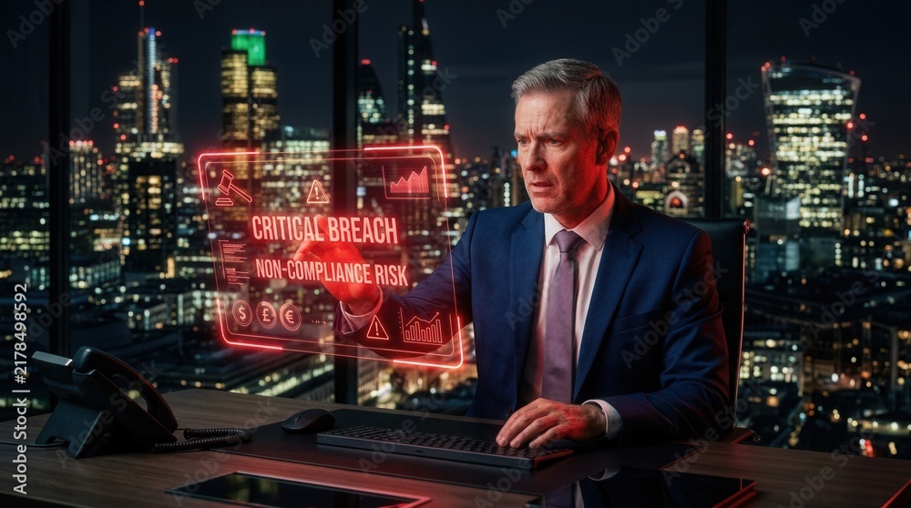 Fototapeta premium Modern office setting after dark where a man in a suit manages compliance risks and penalty alerts on a holographic display.