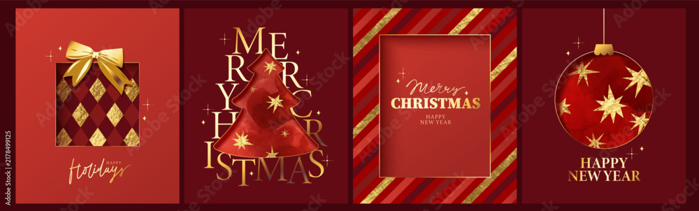 Obraz premium Set of Merry Christmas, Happy New Year cards with red watercolor texture, golden foil stars, sparkles, rhombs. Christmas tree, bauble, geometric pattern. Luxury shiny holiday festive design. 