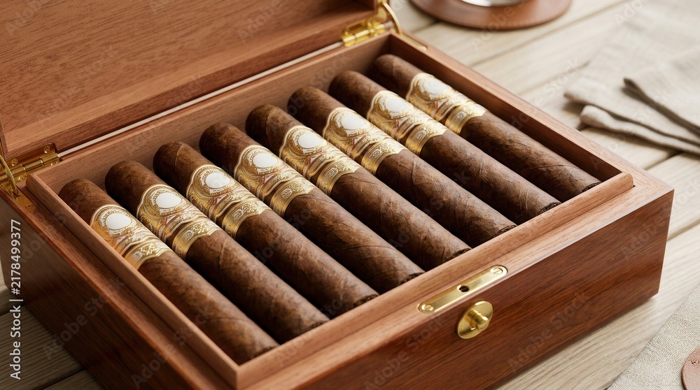 Obraz premium An open wooden box on a table with a premium selection of cigars with bands
