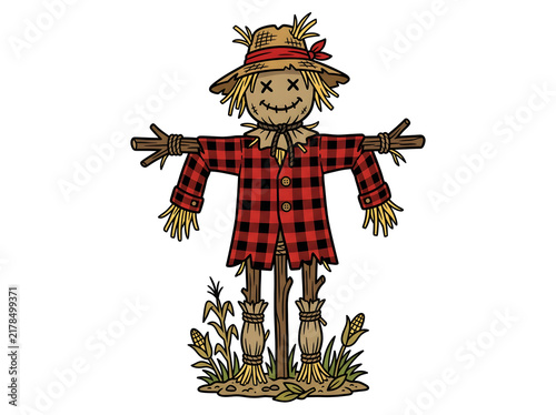 Vector scarecrow with straw hat in field, detailed autumn farm decor