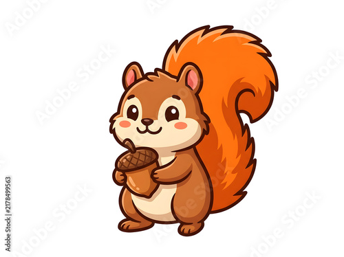 Vector squirrel holding acorn graphic, happy fall forest rodent