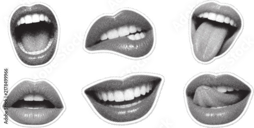 Set of Six Open Mouth and Lips Expressions, Black and White Retro Halftone Pop Art 
