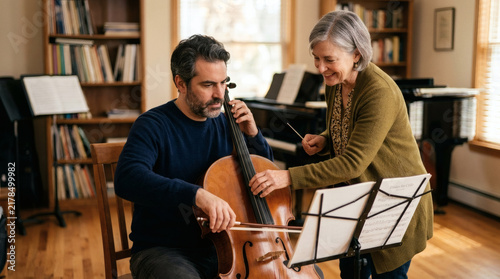 Music teacher instructs adult male student playing cello in a home studio