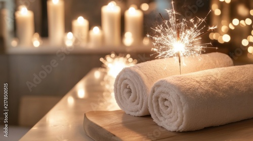 Spa treatment with rolled towels and burning sparkler for relaxation