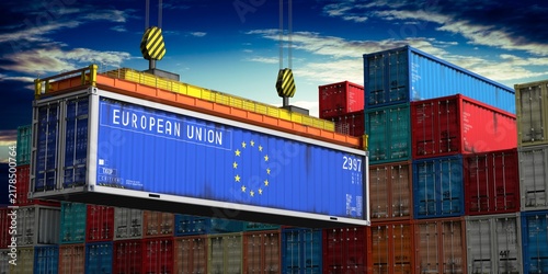 European Union - cargo container lifted by crane in terminal - international trade and logistics concept - 3D illustration