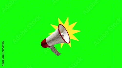 Dynamic megaphone icon with vibrant yellow starburst effect on a green screen for impactful announcements and public address 4K Rasolution