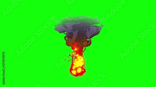 Cartoon Explosion With Fiery Blast And Rising Smoke Cloud Isolated On Chroma Key Green Screen Background 4K Rasolution