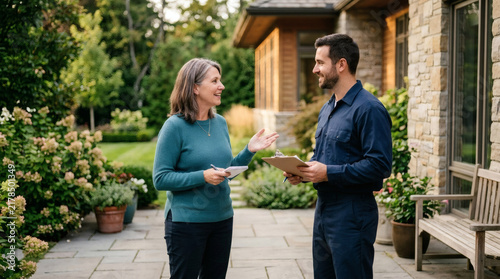 Homeowner discusses project with contractor in a beautiful garden setting