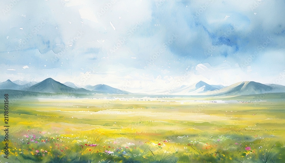 Obraz premium Watercolor Meadow and Distant Mountains Landscape Painting