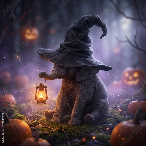 Baby elephant wearing wizard hat holding lantern in spooky forest