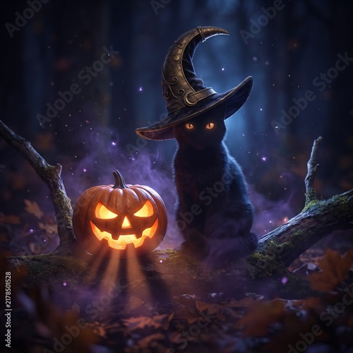 Black cat wearing witch hat next to glowing halloween pumpkin