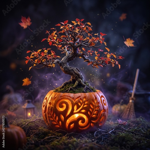 Bonsai tree with autumn leaves growing from a glowing carved pumpkin