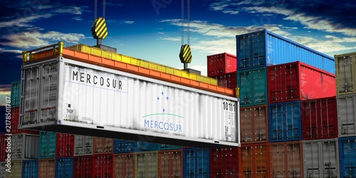 Mercosur - cargo container lifted by crane in terminal - international trade and logistics concept - 3D illustration