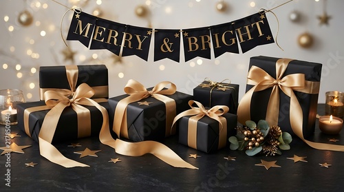 Elegant christmas gift boxes with gold ribbons and merry and bright banner against a festive bokeh background