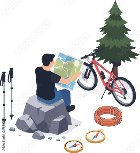 Man with map and bicycle in nature, surrounded by hiking gear, concept for outdoor adventure, travel planning and active lifestyle promotions.