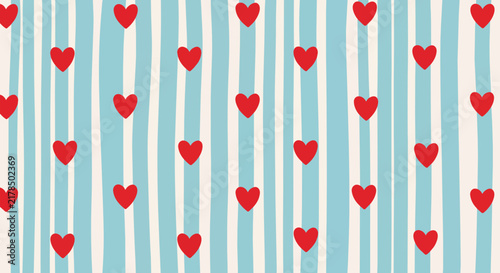 Seamless pattern of scattered red hearts on a background of vertical light blue and cream stripes, ideal for Valentine's Day graphics, romantic themes and greeting card design.