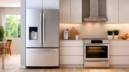 Modern kitchen interior featuring stylish refrigerator and oven with bright lighting and sleek cabinetry in a contemporary culinary space