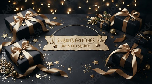 Elegant christmas gift boxes with golden ribbons and a decorative message sign on a dark background