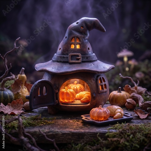 Magical witch hat cottage glowing in a misty forest