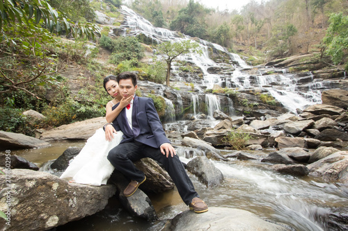 Portrait Wedding on huge Mae Ya waterfall Wedding in Asia