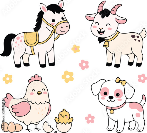 Cute Farm Animals Vector Set Featuring Saddled Horse Smiling Goat with Bell Hen with Eggs Hatching Chick Puppy Dog and Pastel Flowers for Nursery Graphic Designs