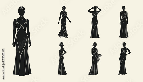Elegant female silhouettes wearing luxury evening gowns for fashion design and wedding concepts