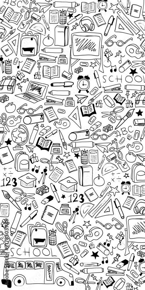 Fototapeta premium School Doodle Seamless Pattern with Education Icons on Background