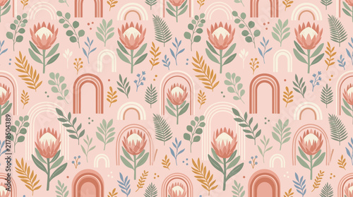 Boho Floral Arch Pattern, Protea Flower, Botanical, Rainbow, Seamless Repeat