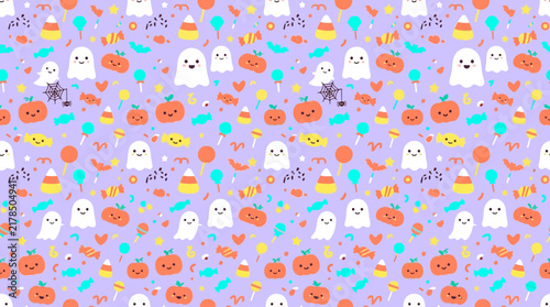 Cute Halloween Pattern: Ghosts, Pumpkins, Candy Corn, Balloons