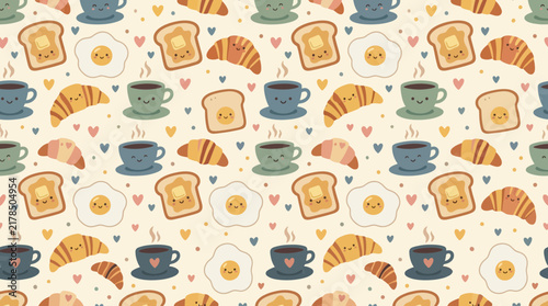Cute Kawaii Breakfast Pattern: Coffee, Toast, Eggs, Croissants