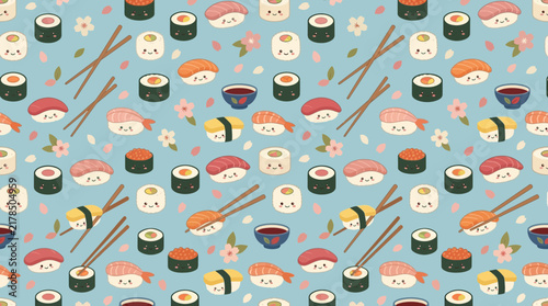 Cute Kawaii Sushi Pattern Seamless Background Transparent Isolated