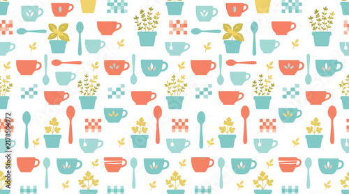 Cute Kitchen Pattern: Coffee Cups, Spoons, Potted Herbs, Leaves