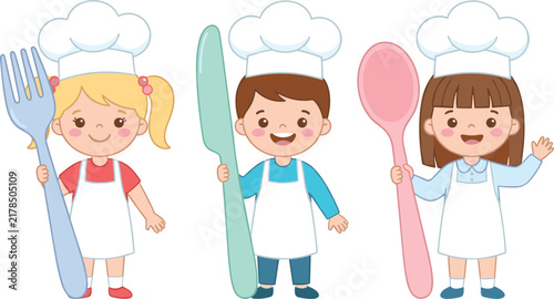 Cute Little Kids Chefs Vector Set Featuring Blonde Girl with Blue Giant Fork Boy with Green Knife and Brunette Girl with Pink Spoon wearing Aprons and Chef Hats for Culinary Graphic Designs
