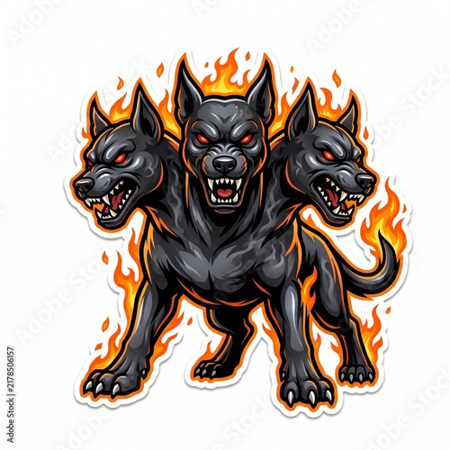 Fierce Mythical Three Headed Cerberus Hellhound Dog Surrounded by Flames Vector Illustration - Hell Hound Mascot Sticker Isolated