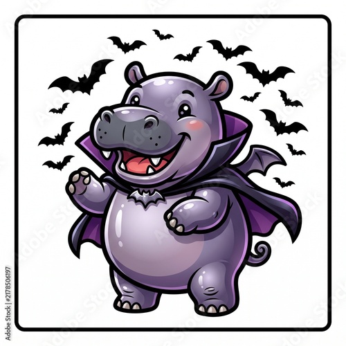 Cute Chibi Hippo Wearing Dracula Vampire Cape Surrounded by Flying Bats Vector Illustration - Kawaii Halloween Hippo Sticker Isolated