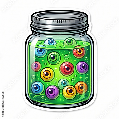 Jar Filled with Floating Colorful Eyeballs in Green Bubbling Liquid Vector Illustration - Witch Laboratory Halloween Sticker Isolated
