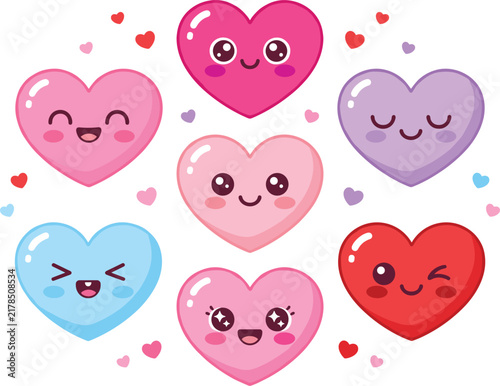 Cute Kawaii Heart Characters Vector Set Featuring Colorful Smiling Hearts in Hot Pink Light Pink Purple Blue and Red with Facial Expressions for Valentine Graphic Designs