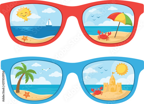 Summer Beach Reflection Sunglasses Vector Set Featuring Red and Blue Eyewear with Tropical Ocean Views Sailboat Beach Umbrella Palm Tree Sandcastle and Cute Crab for Vacation Graphic Designs