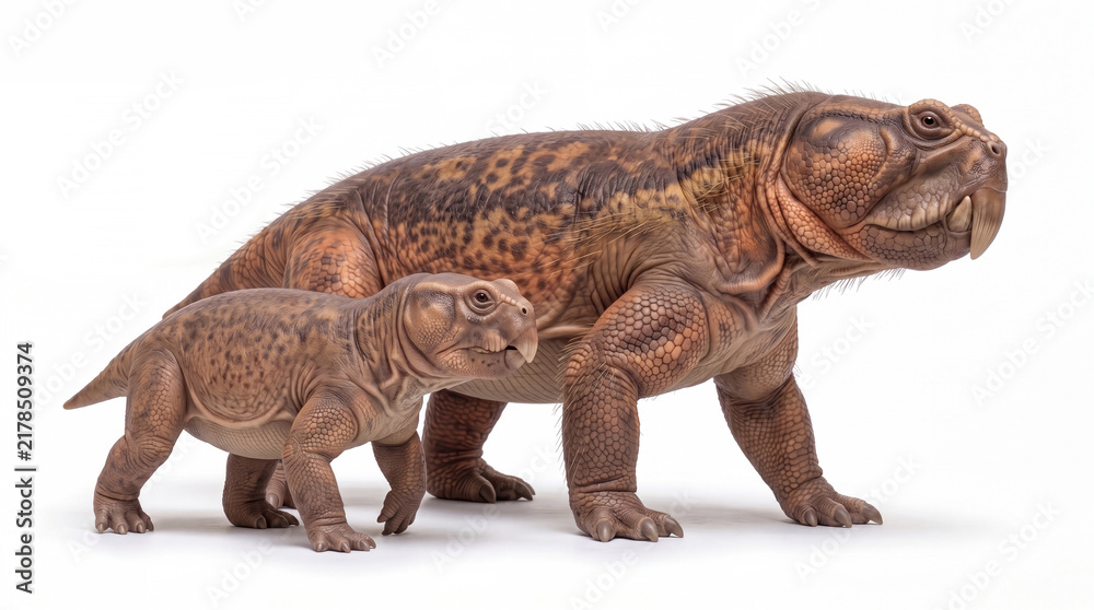 Fototapeta premium Photorealistic adult Teyumbaita sulcognathus walking with juveniles, isolated on white background, showing family behavior and scientifically accurate paleontological reconstruction.