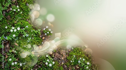 Small white wildflowers bloom on green mossy forest ground with soft bokeh light and elegant copy space
