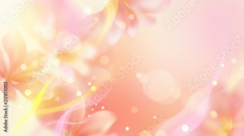 Soft pink and peach floral abstract background with glowing bokeh lights and ethereal light waves for romantic design