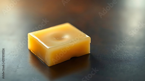 A piece of pale yellow beeswax gently melting on a dark wooden table under warm light.