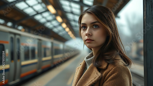 Woman waiting at open-air train platform, thoughtful travel and lifestyle mood.