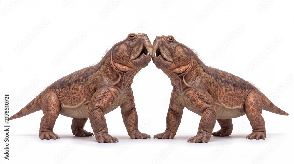 Fototapeta premium Photorealistic male Teyumbaita sulcognathus disputing, isolated on white background, showing social behavior and scientifically accurate paleontological reconstruction.