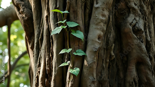 Two slender vines entwined around an ancient tree trunk in morning light.
