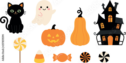 Foto Cute halloween vector elements set with haunted house black cat spooky ghost ora