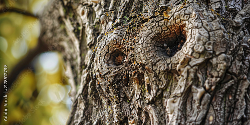 Obraz premium Detailed close-up shot showing unique patterns on rough tree bark featuring unusual knot holes resembling wide eyes in a natural woodland setting creating an intriguing visual texture for design proje