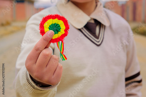A child's hand in a school uniform holding a Bolivian cockade - concept of education